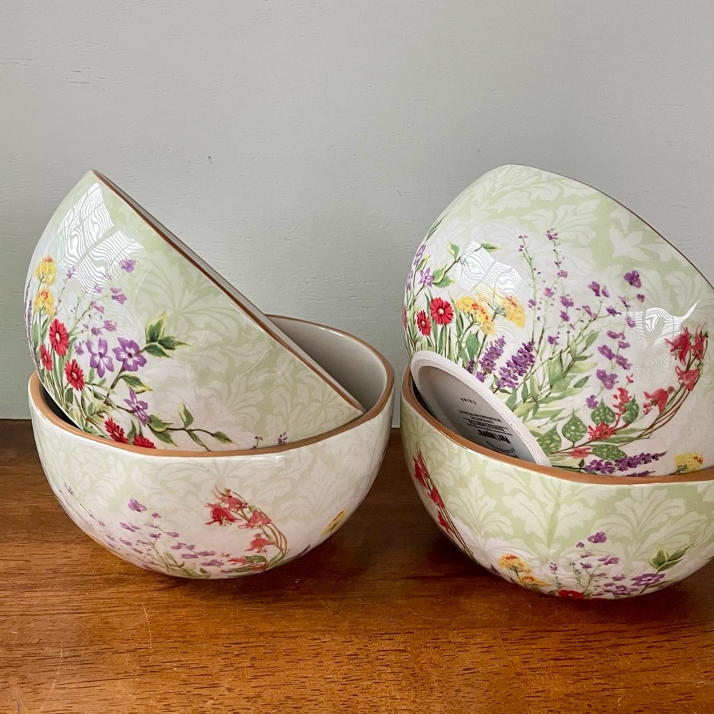 Set of 4 Pier One Botanical Garden Floral Earthenware Cereal Bowls 6” Excellent - Picture 9 of 10